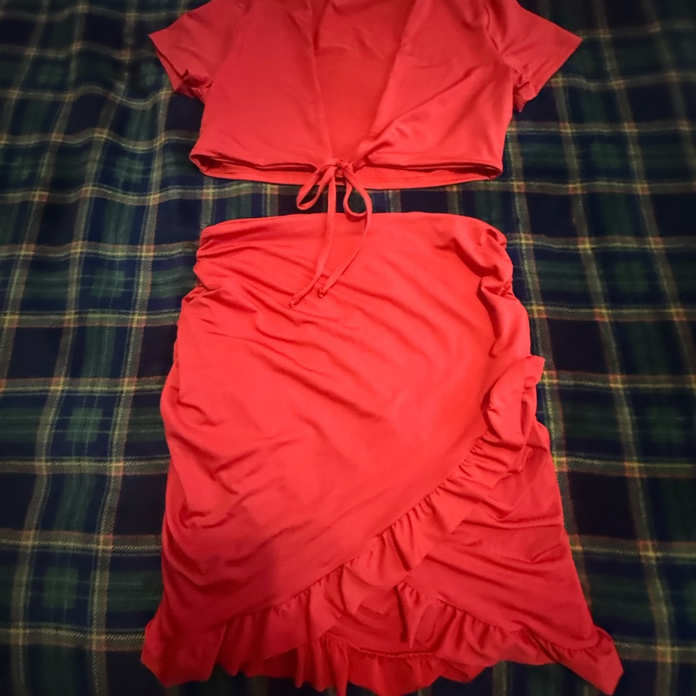 SHEIN Red Asymmetrical Ruffle Wrap Dress